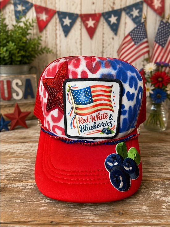 Red, White & Blueberries\' Handpainted leopard bling  Trucker Hat